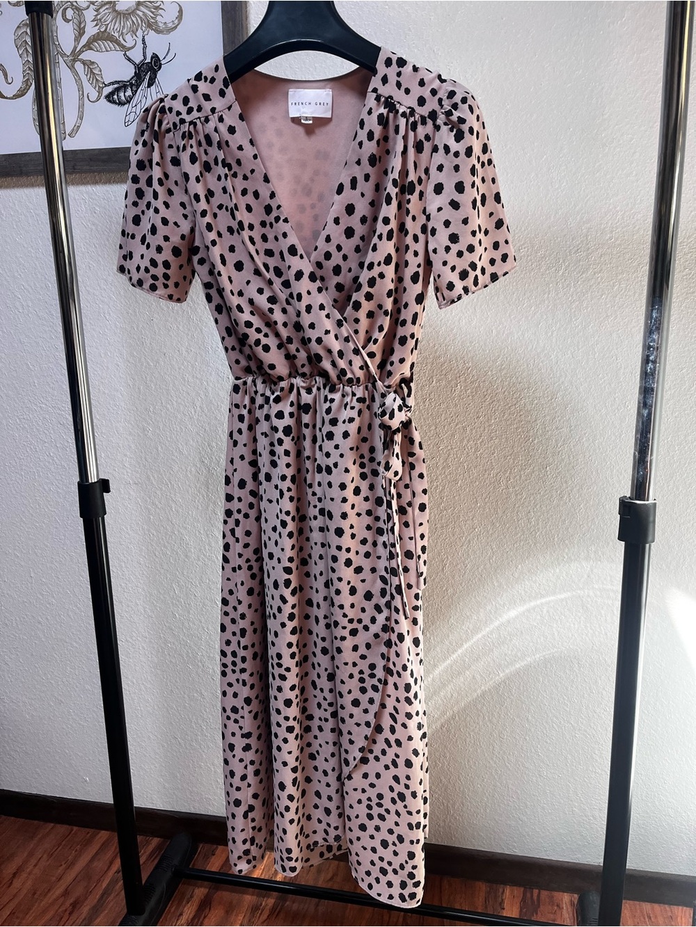 French Grey Pink Maxi Wrap Dress with Black Spot Print